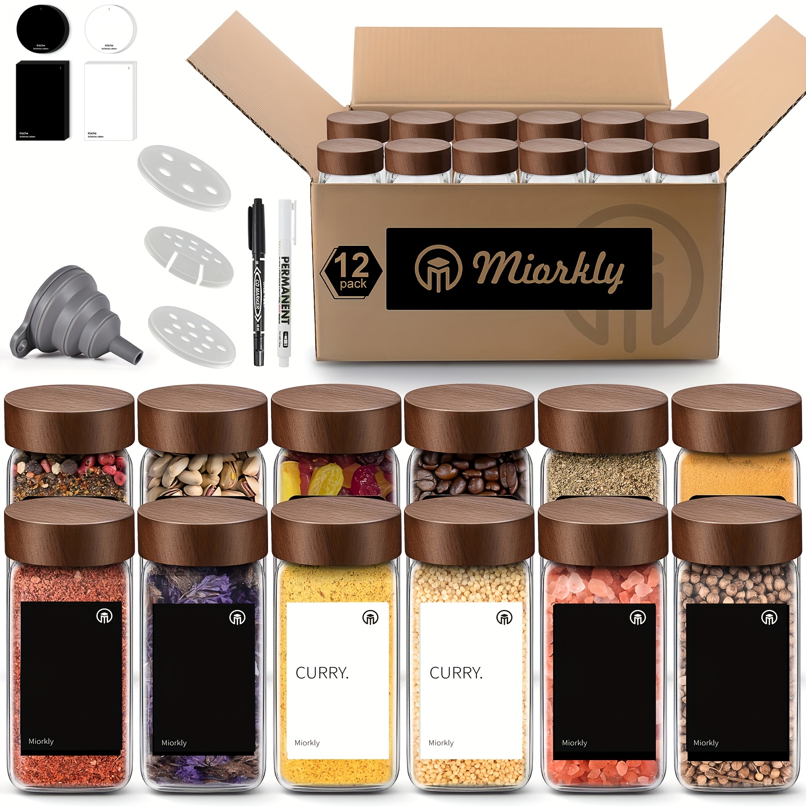 TEMU Juego de 12 frascos para especias, frascos de vidrio para especias con tapas de , recipientes de cocina de 120 ml para condimentos y especias,