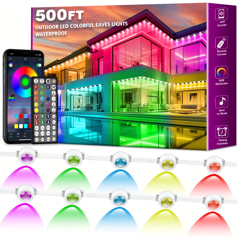 TEMU 500ft Permanent Outdoor Lighting, Rgb Lights With App Control Remote, Scene Modes Waterproof Outdoor Under Eave Lighting, Outdoor Lights For