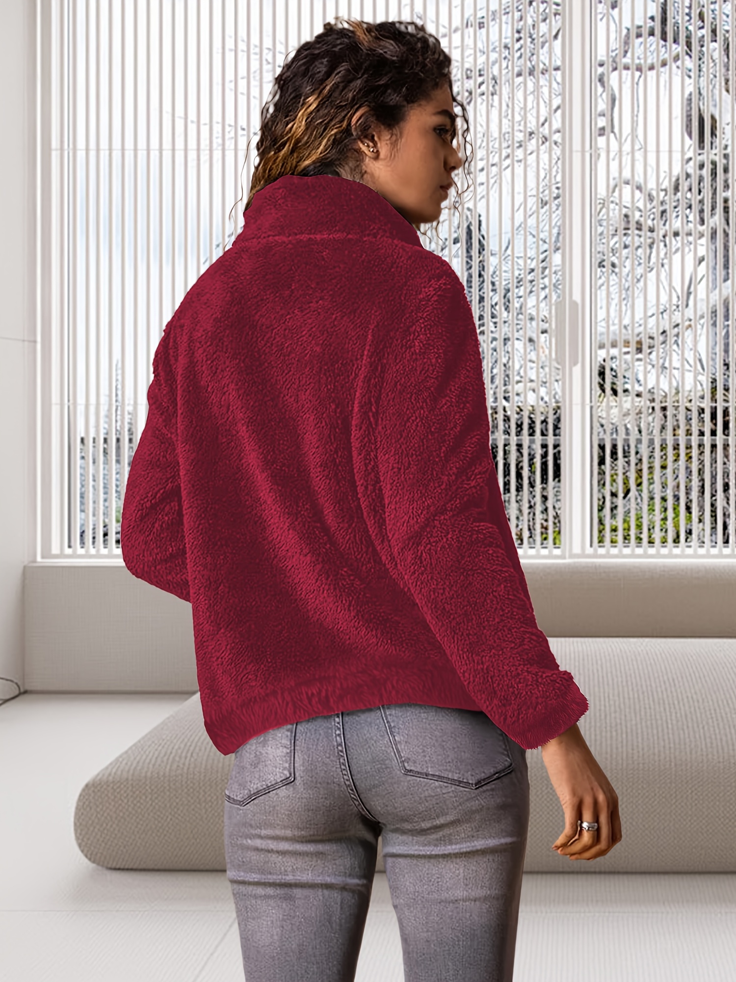 plus size womens winter arctic fleece jacket cozy zip up casual outerwear with pockets machine washable solid color regular fit long sleeve for fall winter winter jacket plush texture 4