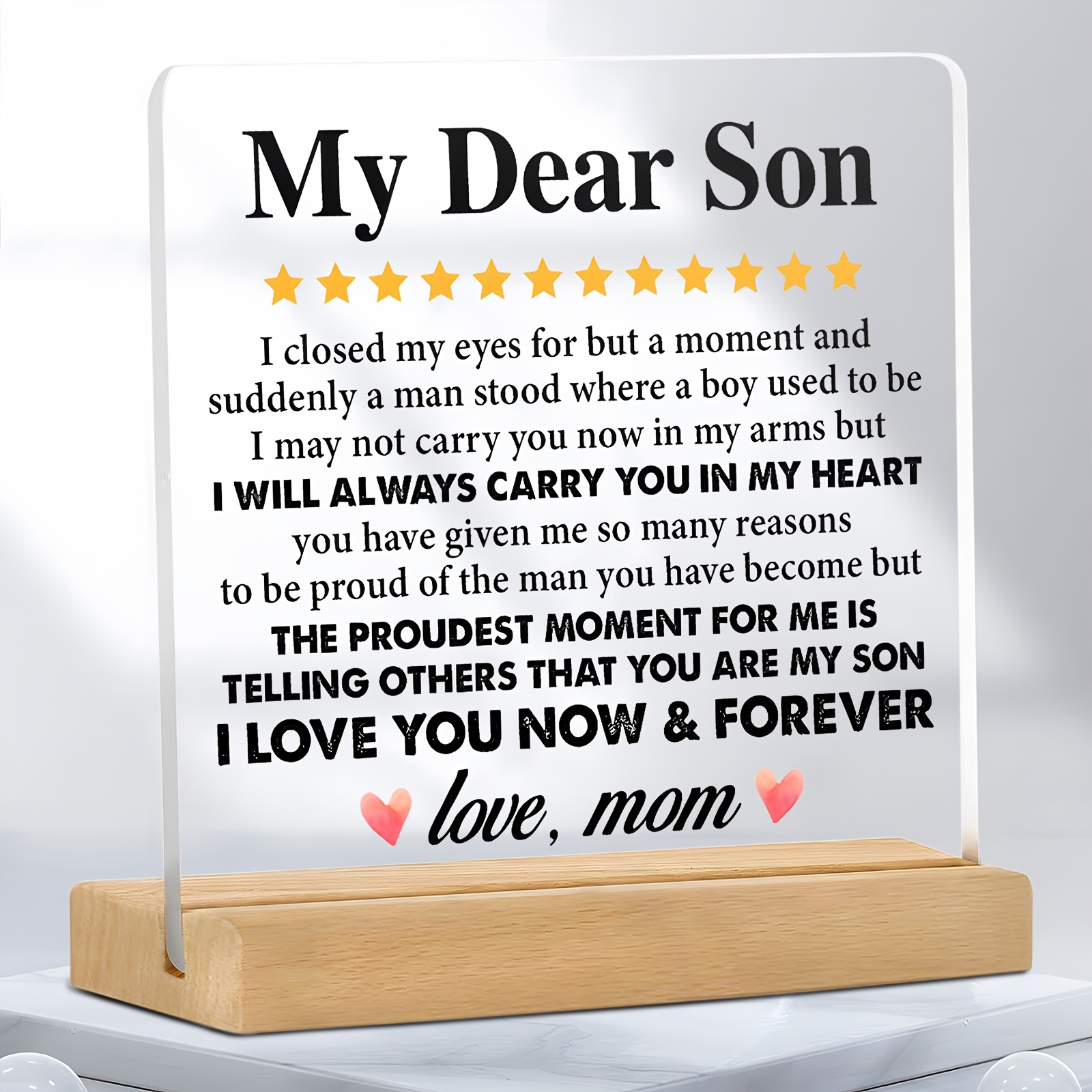 

1pc Contemporary Acrylic Sign For Son From Mom - Multipurpose Keepsake With English - Birthday, Christmas, Graduation Gifts