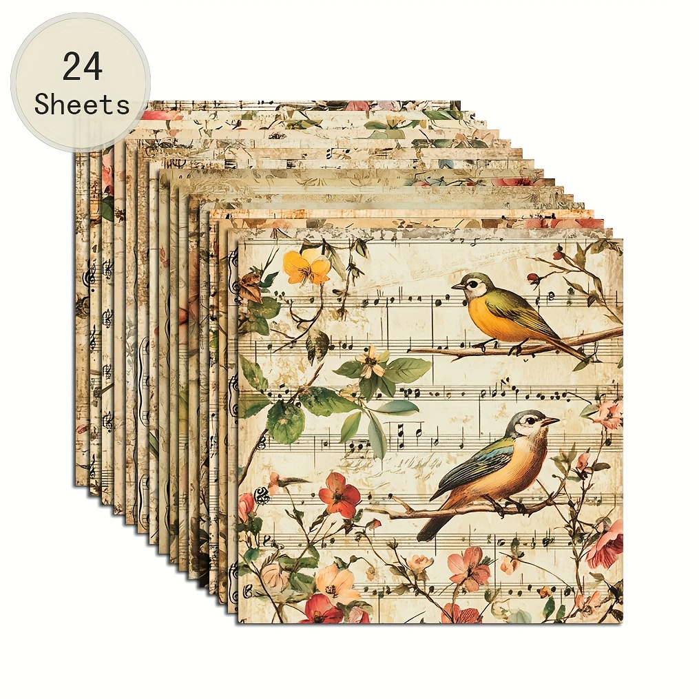 TEMU 24 Sheets/6x6 Inch Handmade Origami Vintage Bird Scrapbook Paper With Floral Patterns, Distressed Music Sheet Designs, Diy Greeting Cards,