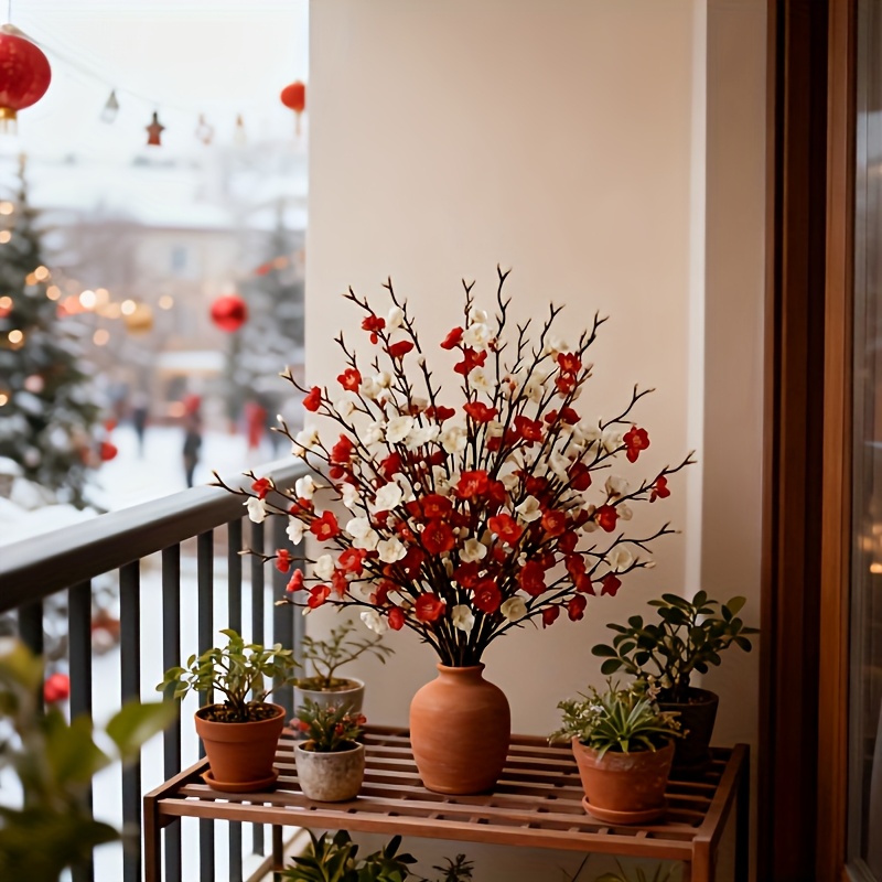 60 Flores de Ciruelo Artificiales en Rojo y Blanco, Empaquetadas en Sets de 6, Ideales para Decoración del Hogar, Salas de Estar, Oficinas, Bordes de Ventanas, Jardines, Arreglos Florales de Hotel, Centros de Mesa de Boda, Manualidades para Fiestas de Compromiso, Regalos de Cumpleaños