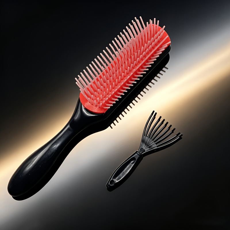 TEMU 2pcs Black Red Detangling Hair Brush Set With Cleaning Tool, Soft Nylon Bristle Anti-static Anti- Comb, Scalp Massage Blow Dry Styling Brush For