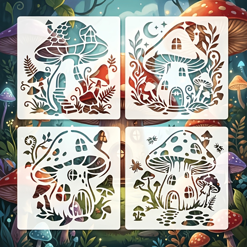 TEMU 4pcs Set Of Fairy Mushroom House Hollow Painting Templates Pet Reusable Stencil Board Forest Mushroom Cottage Plant Pattern Wooden Canvas Fabric