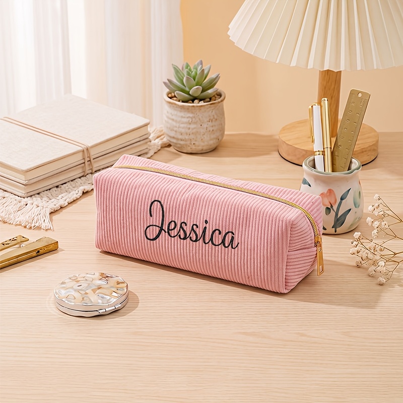 TEMU Trousse à crayons personnalisée avec nom brodé, sacs de rangement en velours pour papeterie, boîtes à crayons, parfaites pour , de classe et de