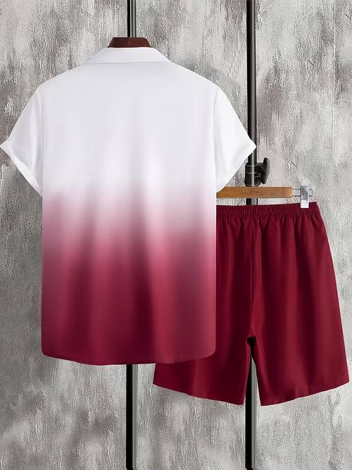 herren 2-teiliges set: kurzarmshirt im urlaubsstil mit palmen-farbverlauf-druck + shorts mit elastischem bund, für hawaiianischen strandurlaubsstil. neues lässiges t-shirt mit lockerer passform reverskragen, unverzichtbar für die tägliche frühlings- sommerkleidung