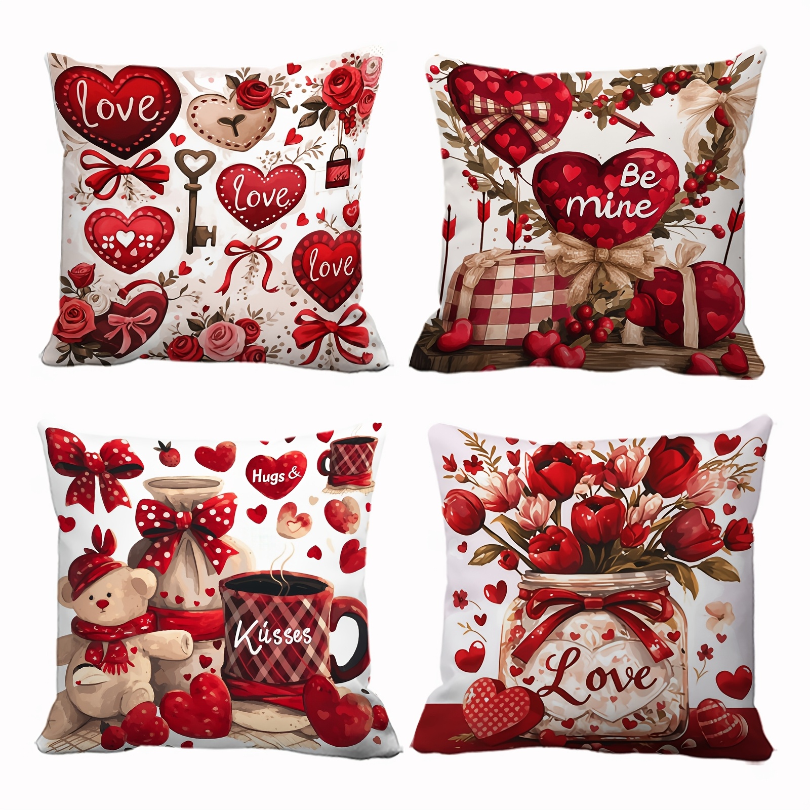 

4pcs Valentine's Day Pillowcase Set, Vibrant Red, Love, Gift, Tea Cup, Love Letters And Other Decorative Patterns, For Home And Outdoor Holiday Decorations, Single-sided Printing, No Pillow Core