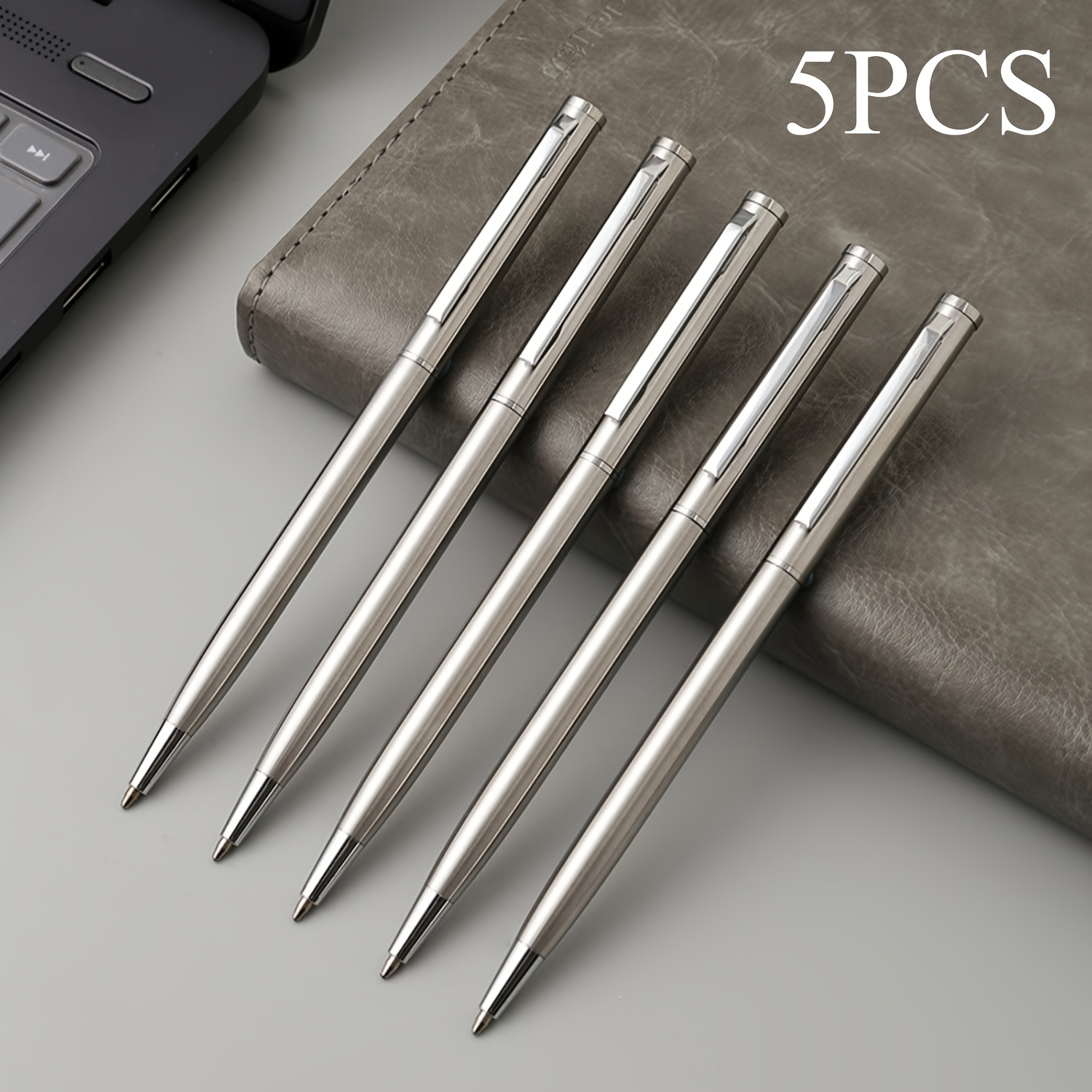 

5pcs, 5pcs Fashion Stainless Steel Round Ballpoint Pens - Medium Tip, Rotating Seal, For Business And Daily Use