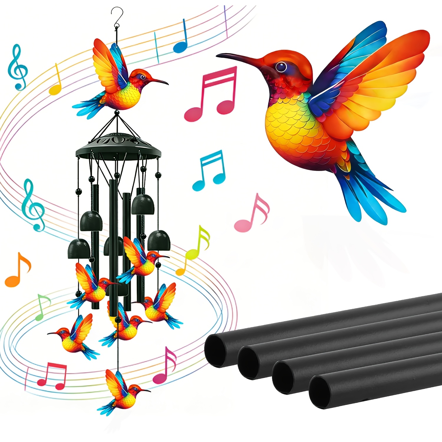 TEMU Hummingbird Wind Chimes For Outside, Black Metal Windchimes Outdoors, Hummingbirds Gifts For Women/men, Garden/yard Decor, Memorial/birthday