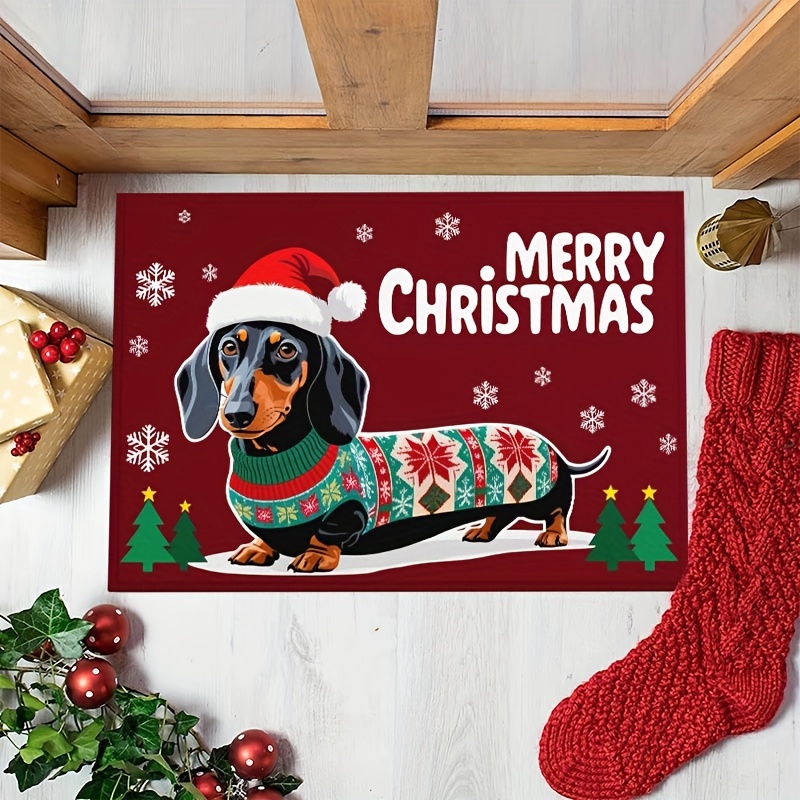 christmas dachshund welcome doormat non slip machine washable polyester mat with rubber backing lightweight washable braided rectangle floor mat for home bathroom balcony festive dog with santa hat holiday decor details 6