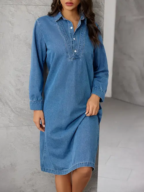 벨트가 있는 보호-시크 빈티지 데님 미디 드레스 - 긴 소매, v넥, 신축성 없는 레이온 혼방 - 봄 & 가을에 완벽