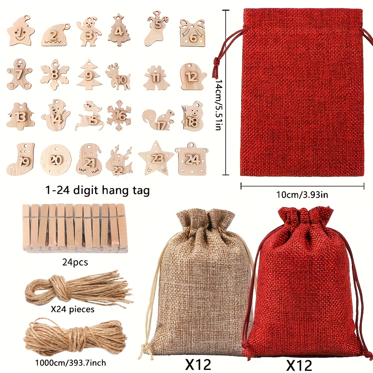 TEMU 24pcs Christmas Advent Calendar Drawstring Bags, Christmas Advent Calendar Burlap Bags, Christmas Bags Hanging Candy Gift Bags,24 Days Christmas
