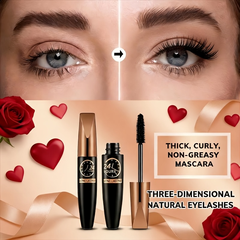 2pcs Waterproof Black Fiber Mascara with Eyelash Curler, Long-Wearing, Volumizing, No Clump, Smooth Application