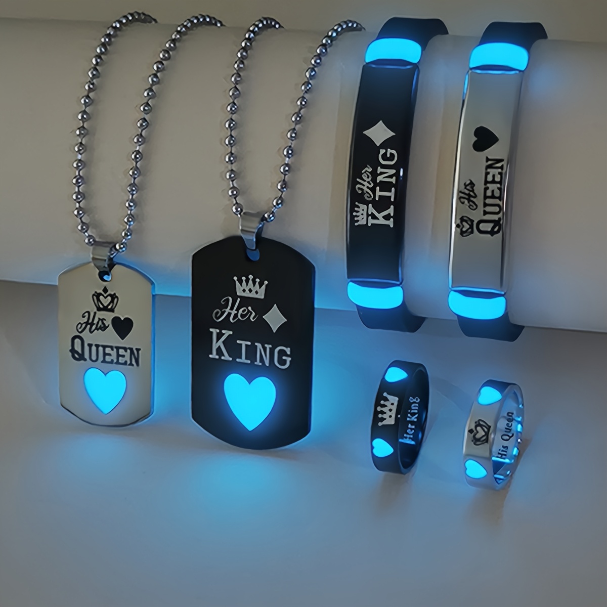 6pcs set glow in dark square additions         pattern couple necklace bracelet ring set womens fashion valentines day gift jewelry