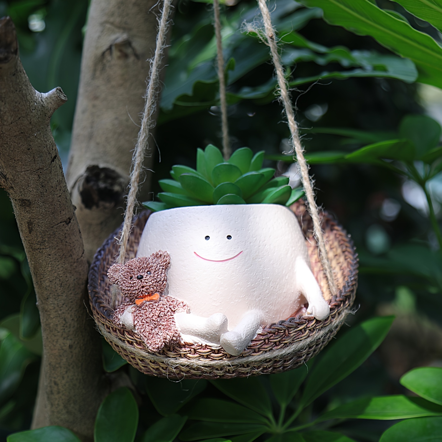Image of Hanging Face Head Planter Indoor Outdoor Hanging Baskets With Little Bear Hanging Flower Pots With Drainage Hole Plant Hangers For Garden Home Decor