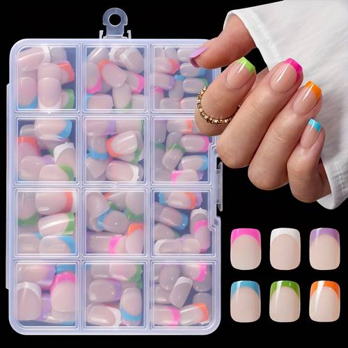 144pcs red blue purple white square french short press on nails glossy surface full coverage removable nails with jelly and nail file simple nail decoration for womens holiday parties daily nail press on decorated nail for woman short press on nail press on nails nail for false nail handmade press on nail nails to stick on