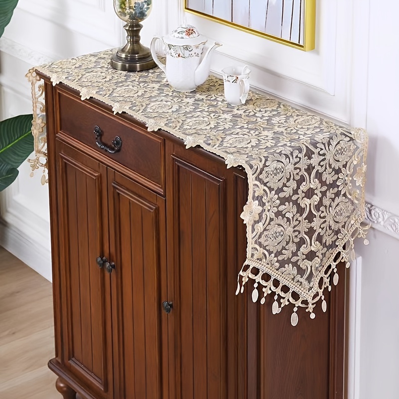 1pc elegant golden floral embroidered polyester tablecloth durable rectangular   table cover for dining room hotel caf and   decor hotel table setting elegant tablecloth intricate embroidery dining table decoration