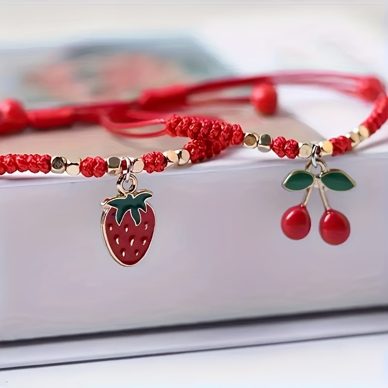 Adjustable Red & Golden Strawberry & Cherry Charm Bracelet for Women