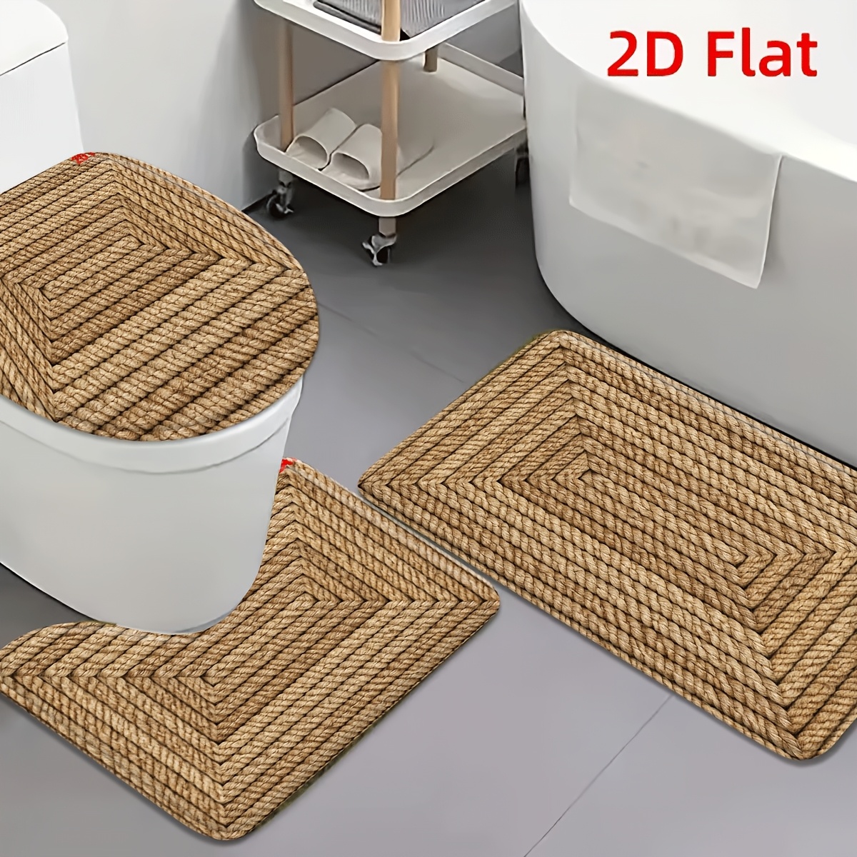 TEMU 2d Flat 3pcs Rope Texture Flannel Nonslip Toilet Mat Set, Natural Braided Look, "rustic Charm" Slogan; Bathroom, Entrance, Hallway, Balcony, 2d