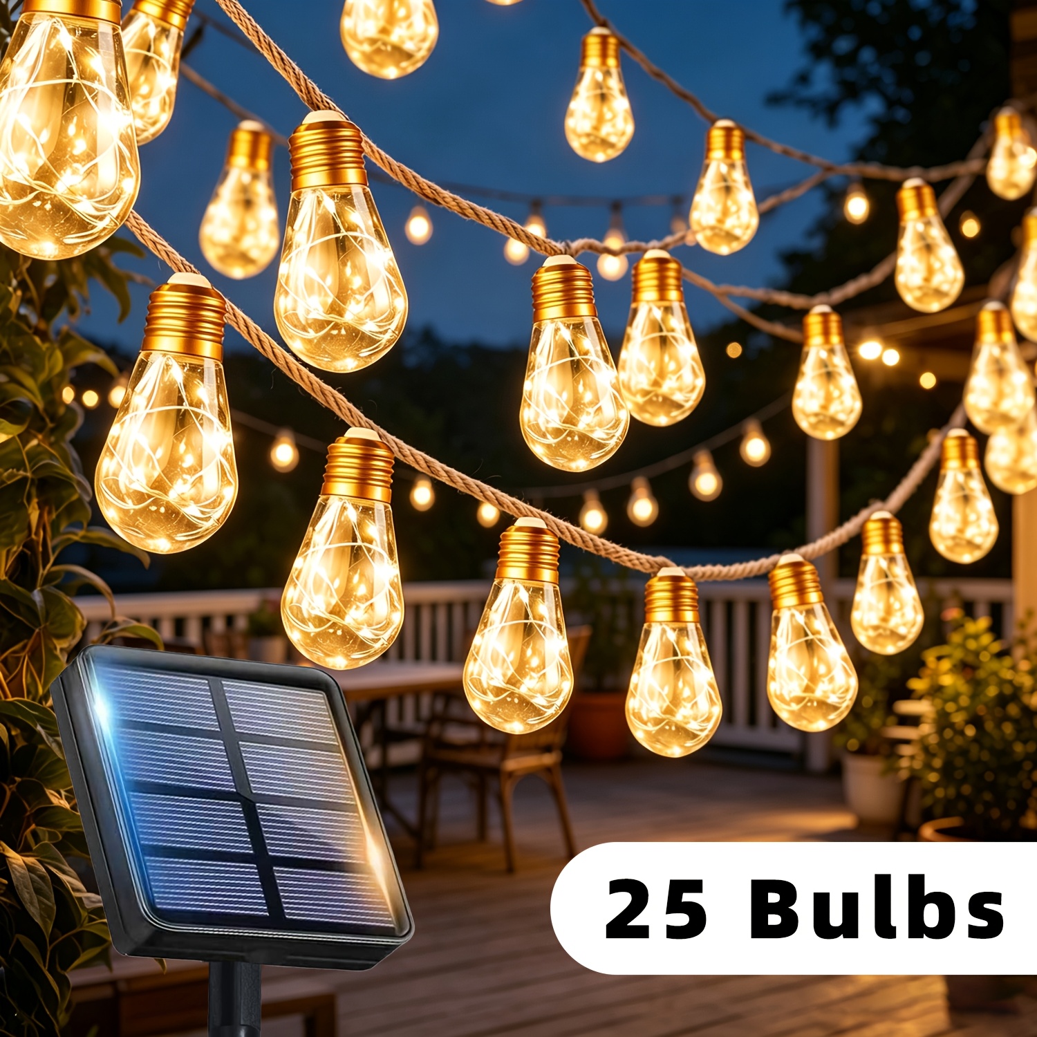 TEMU Luces solares de patio de estilo vintage, paquete de 1 - 25/10 bombillas transparentes, luces solares de jardín de , guirnaldas de luces de