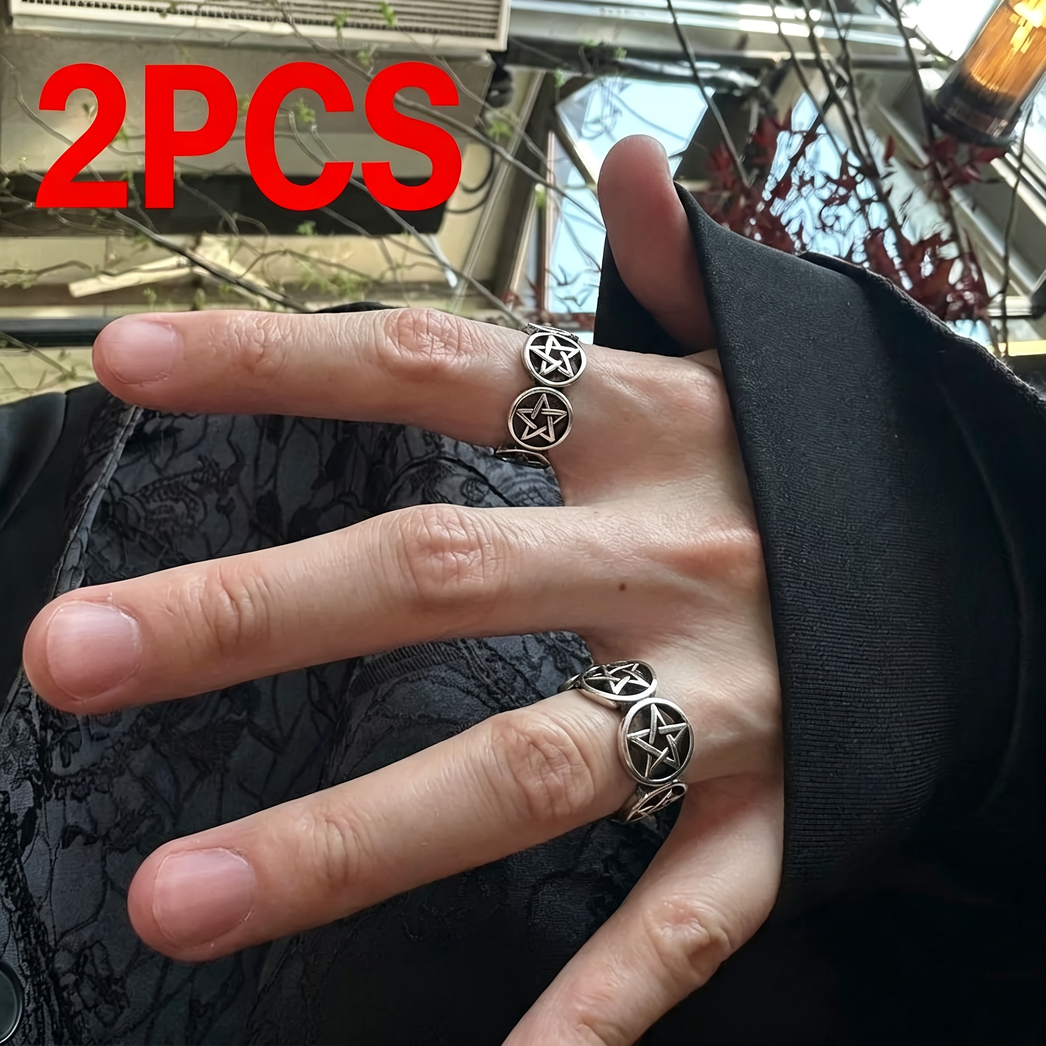2pcs Gothic Pentagram Ring Set, Antique Silvery Oxidized Finish