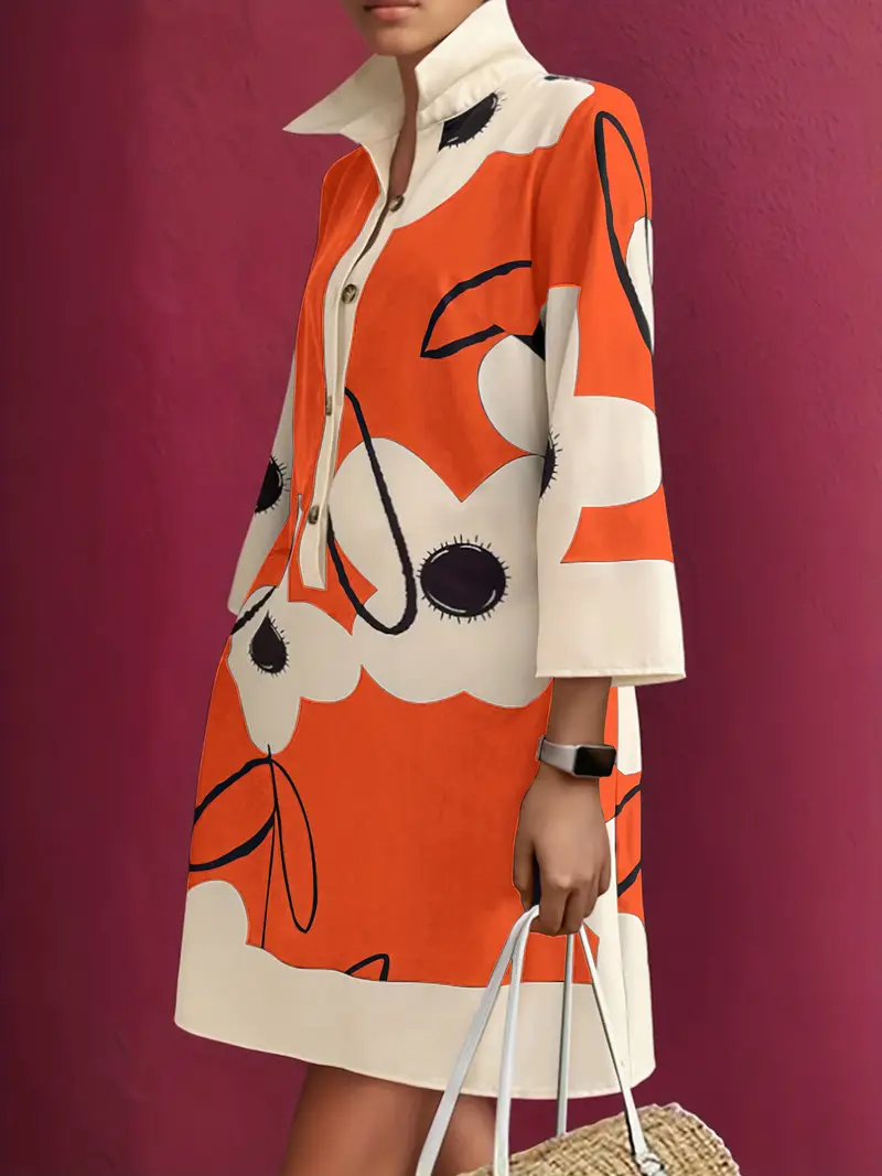 womens loose fit floral print shirt dress with button front long sleeves and pockets casual length a line dress for casual attire floral print dress polyester fabric Product details 1