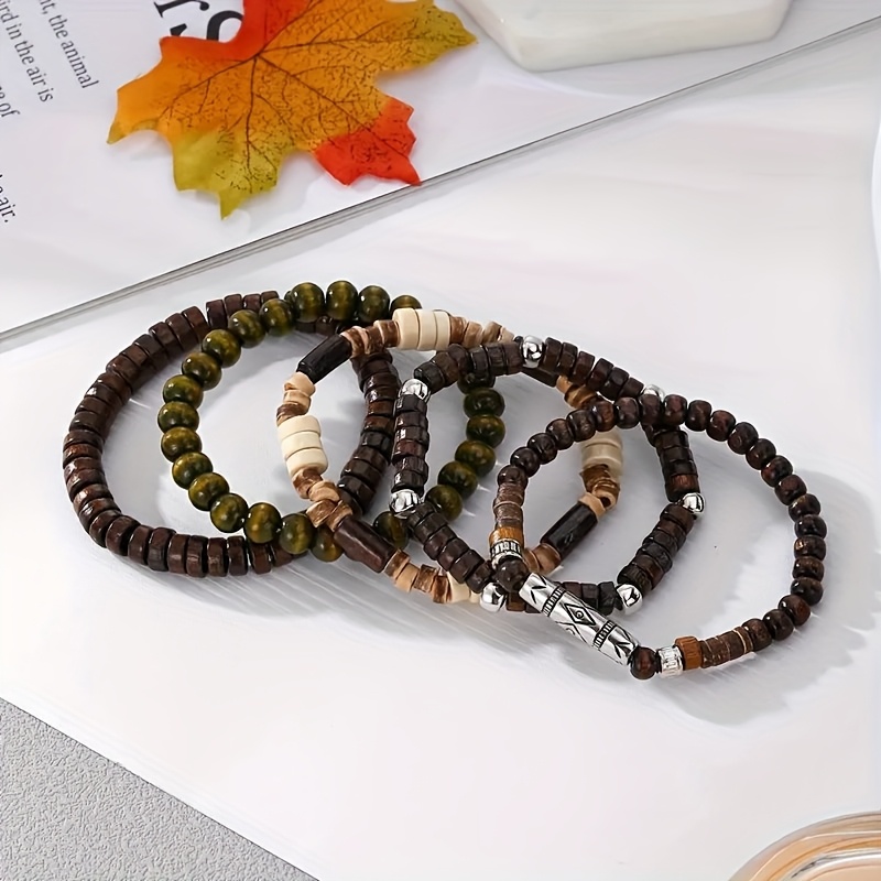 E-shop 5er-Set Armbänder im ethnischen Stil mit Holzperlen, Halloween-Weihnachtsgeschenk, Herrenarmbänder-Set