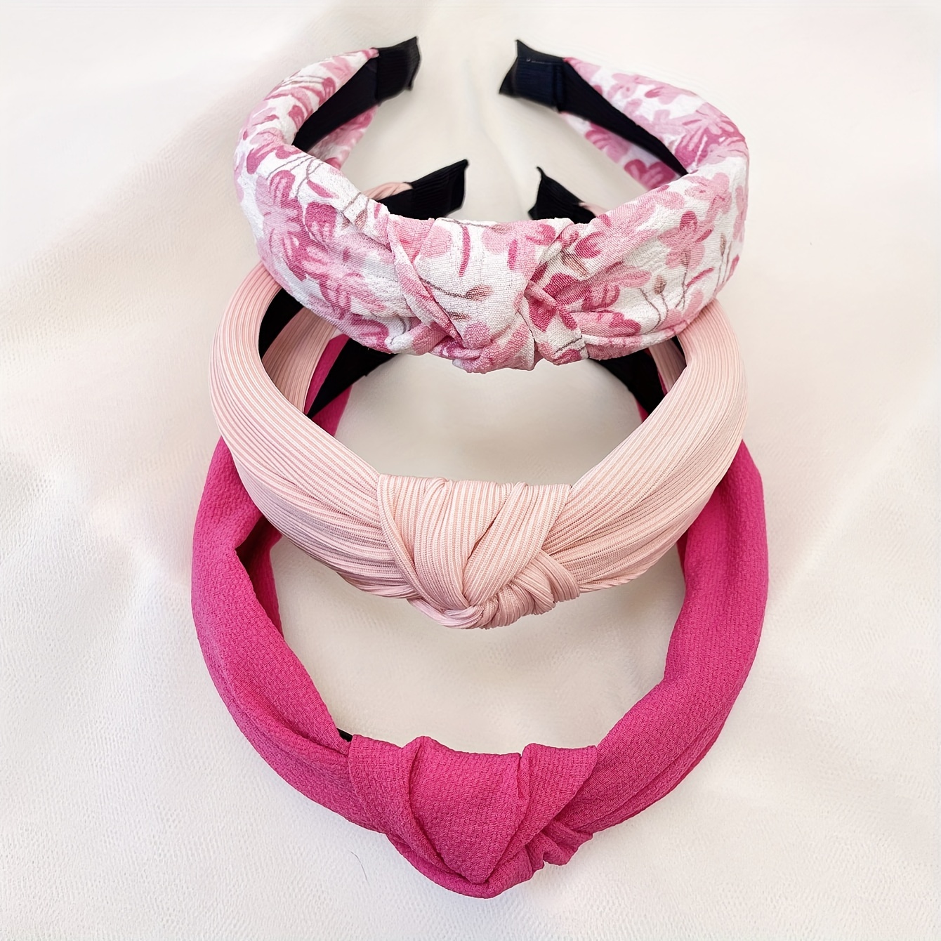 Image of 3pcs Set Fresh Pink Flowers Solid Color Fabric Wide Headband Sweet Wash Headband Hair Accessories Suitable For Daily Use