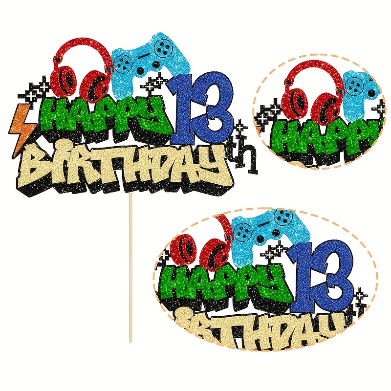 1 Flash Level 13 Unlock Game Birthday Cake Cover - Male 13th Birthday Cake Decoration - Sweet 13- Electronic Game Theme Cake Cover - Upgrade Winner Party Decoration Supplies
