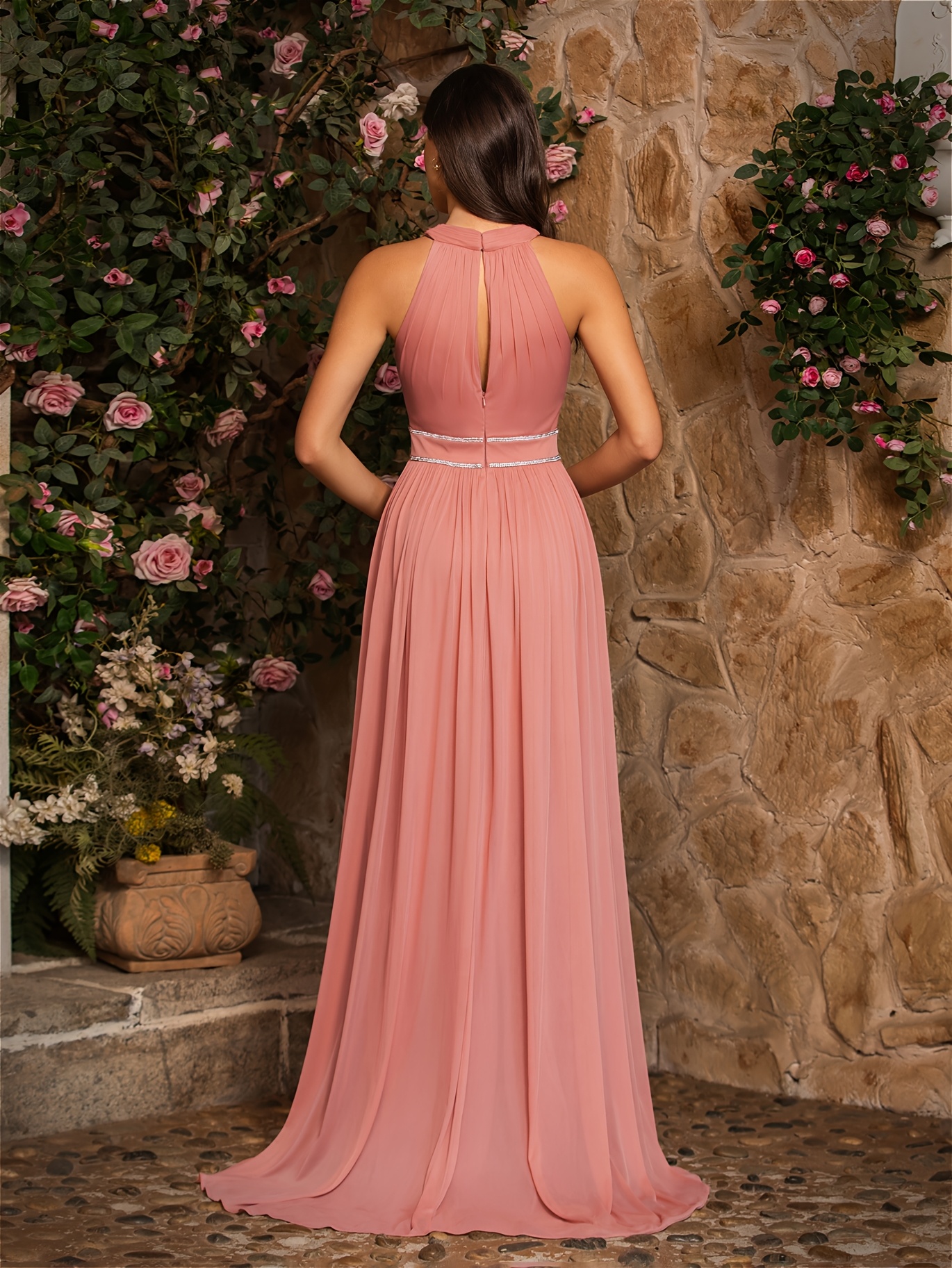 watters crinkle chiffon bridesmaid dress Pink Bridesmaid Dresses with Slit,Chiffon Prom Dress,BD00332, US6 / Red