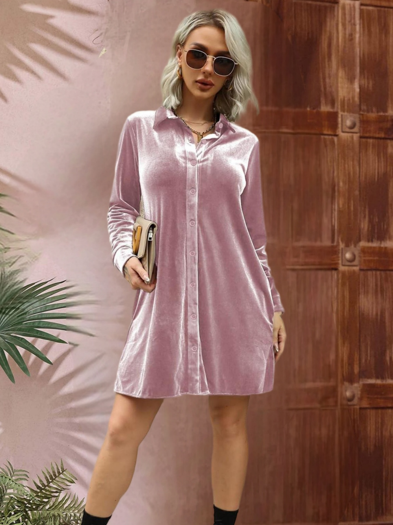 pink velvet shirt dress TEAM WANG Design Sparkles Velvet Shirt Dress