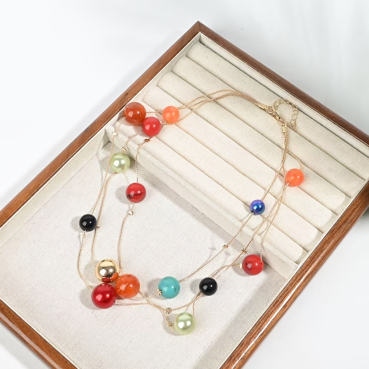 Women's Multi-Layer Golden Chain Multi-Color Round Bead Statement Necklace