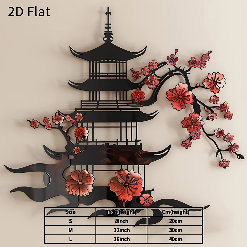 TEMU 2d Flat, 1pc Of 2d Flat Japanese-style Pagoda And Cherry Metal Wall Decoration, Elegant Oriental , Suitable For Living Rooms And Bedrooms, A