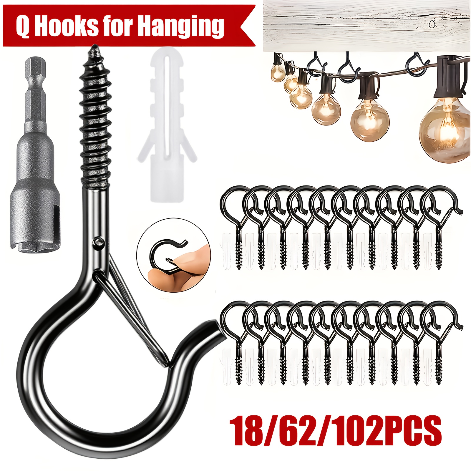 18 62 102pcs q type screw hooks with safety spring s hook suitable for hanging outdoor halloween party lights wind chimes bird feeders plant flower baskets suitable for indoor and outdoor christmas decoration hooks