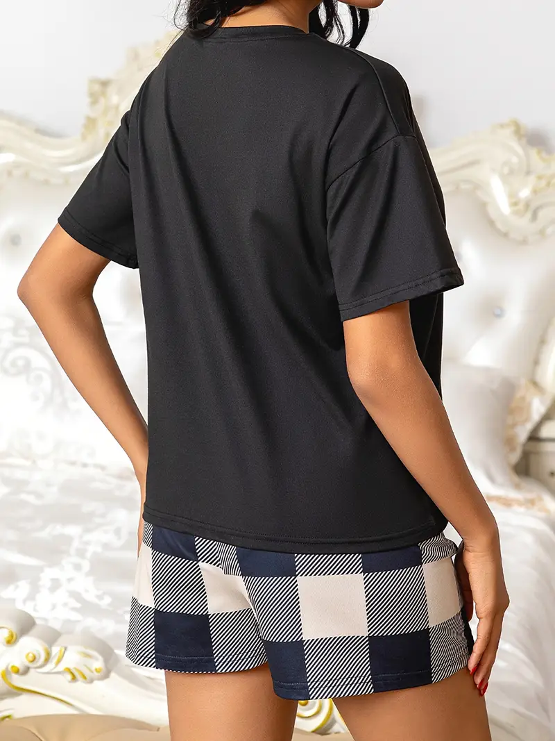 colorblock print pajama set casual short sleeve round neck top bow shorts womens sleepwear loungewear Product details 1