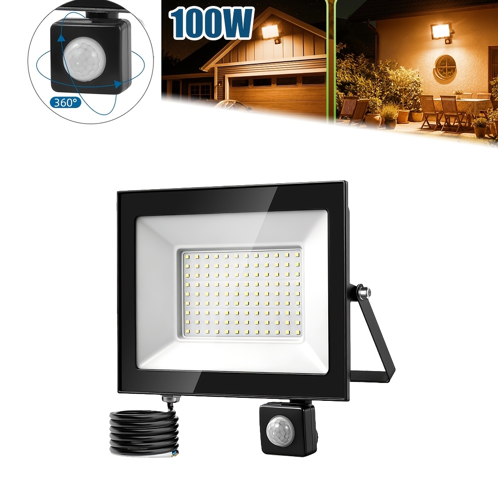 TEMU 100w Warm White Led Motion Sensor Floodlight, Ip65 High Quality Outdoor Security Light With Adjustable Mounting Bracket For Garages, , Gardens,
