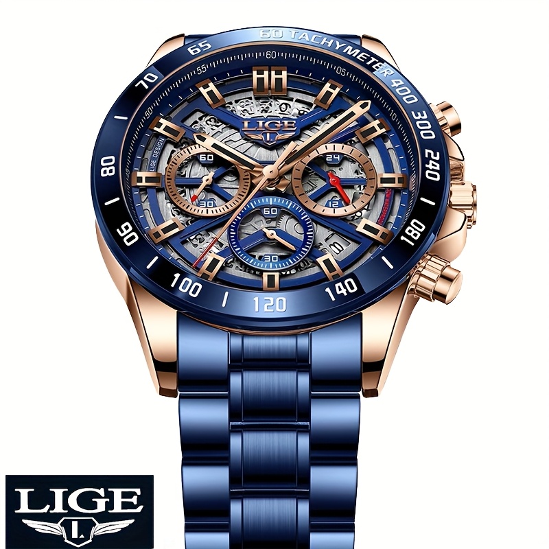 Image of Lige Watch, Men's Watches, Multifunctional Stainless Steel Quartz Watches, Waterproof Watches, For Sports, College Scenes, Holiday Gifts, Party Gifts, Birthday Gifts, Black Blue Watches