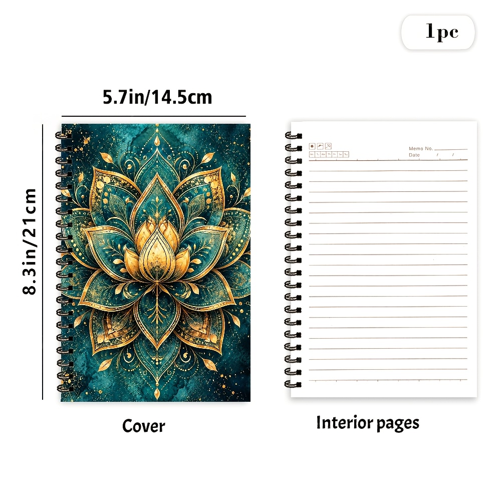 TEMU Teal Lotus Mandala With Metallic Amber Spiral Notebook, A5, 1pc, 60 Pages/, For Meditation Notes, Yoga Plans, And Reflective Writing