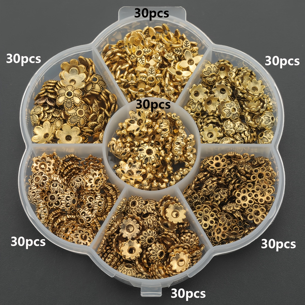 210pcs box antique   shape straight hole end cap hollow dot flower holder bead cap   alloy petal perforated spacer flower holder bead cap tassel cap end bead cap earring bracelet tail cap spacer earring base holder suitable for handma