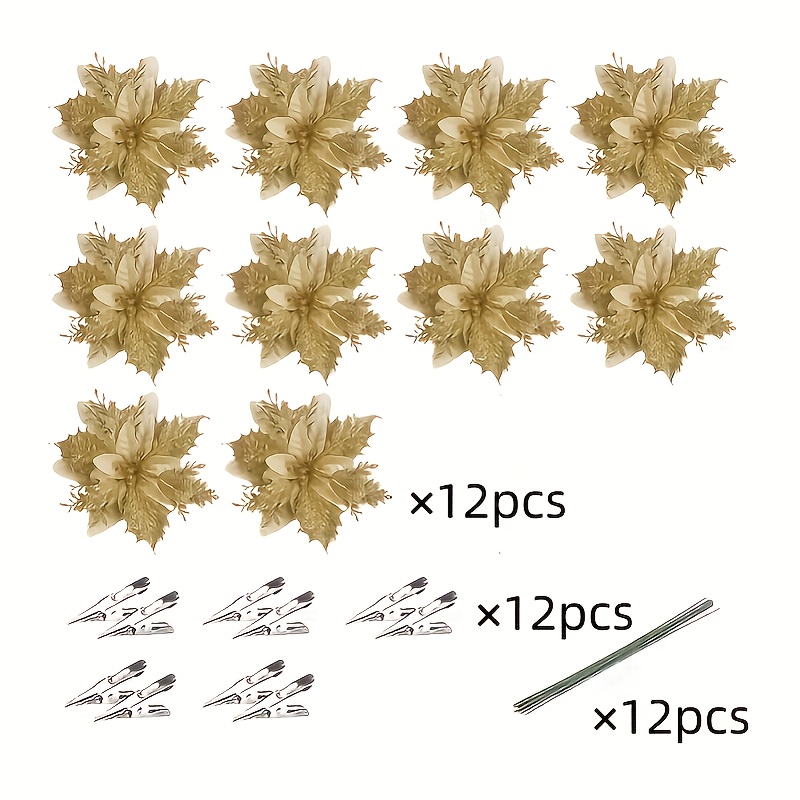 36pcs Shiny Golden Faux Christmas Poinsettia - (12 Flowers + 12 Clips + 12 Stems = 36), No Electricity Required, Perfect for Christmas Tree Decorations, Garland Embellishment, Wedding & New Year Holiday Celebrations, Seasonal Home Decor