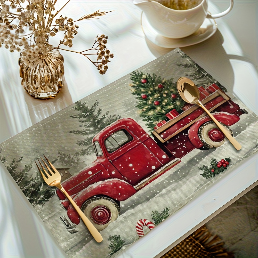 TEMU 4pcs Set, Christmas Truck Print Placemats, Washable Placemats, Suitable For Kitchen Table Decoration