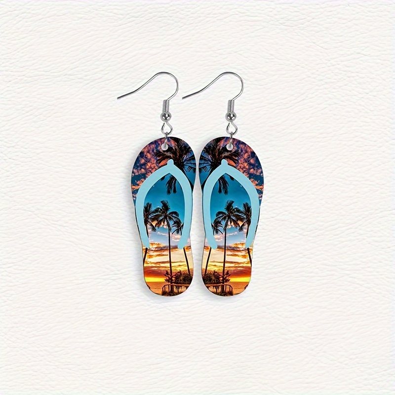 Summer Holiday Wooden Earrings Coconut Tree Beach Sunset Jewelry Laser Cut Printing Pendant Dangle For Women Gifts