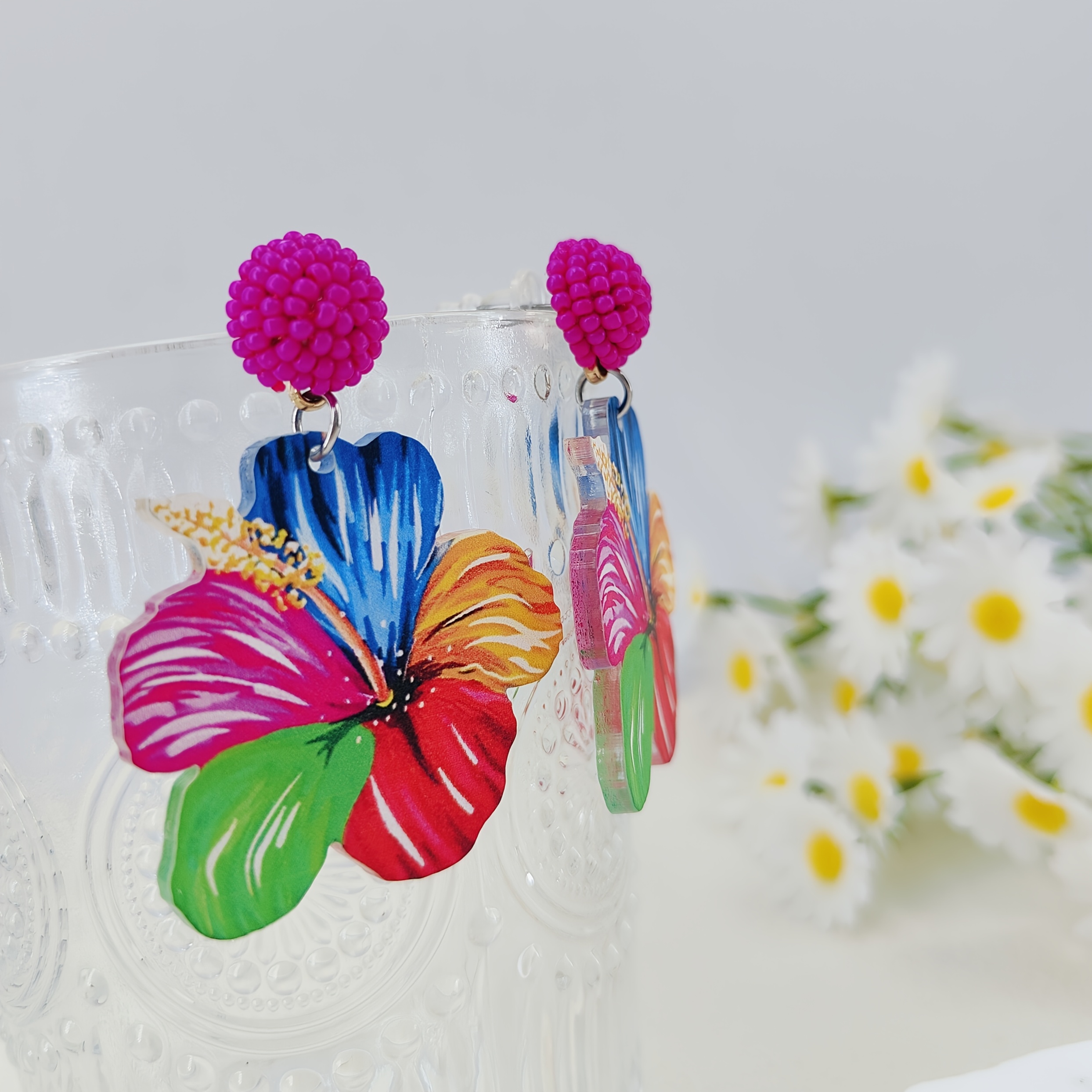 Elegant Multi-Colored Petal Design Resin Flower Earrings