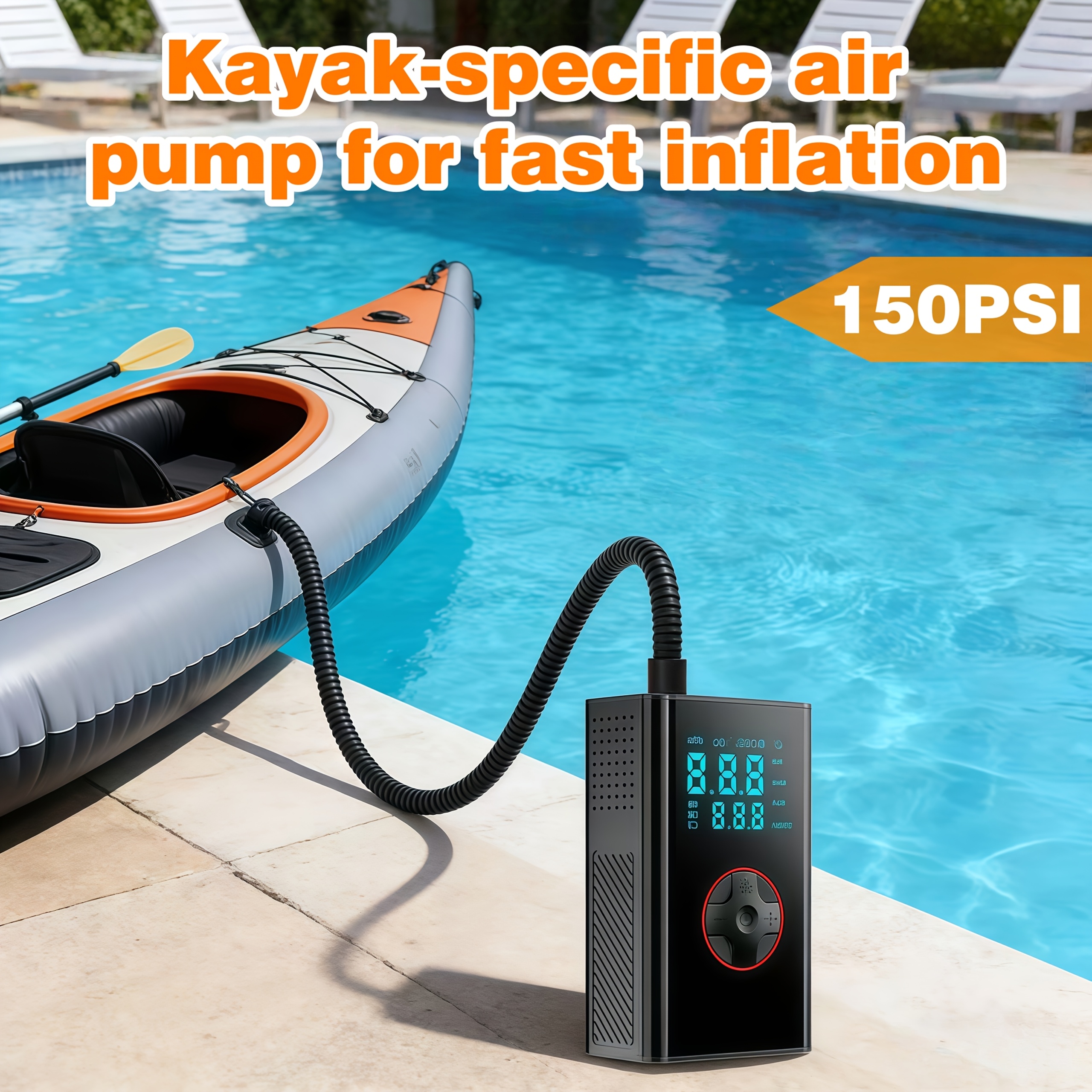 jkuoo   wireless electric pump portable pool pump 150 psi air compressor with digital pressure gauge and led light   inflator 2 pack 2000mah batteries compact   safe and reliable suitable for inflatable kayaks