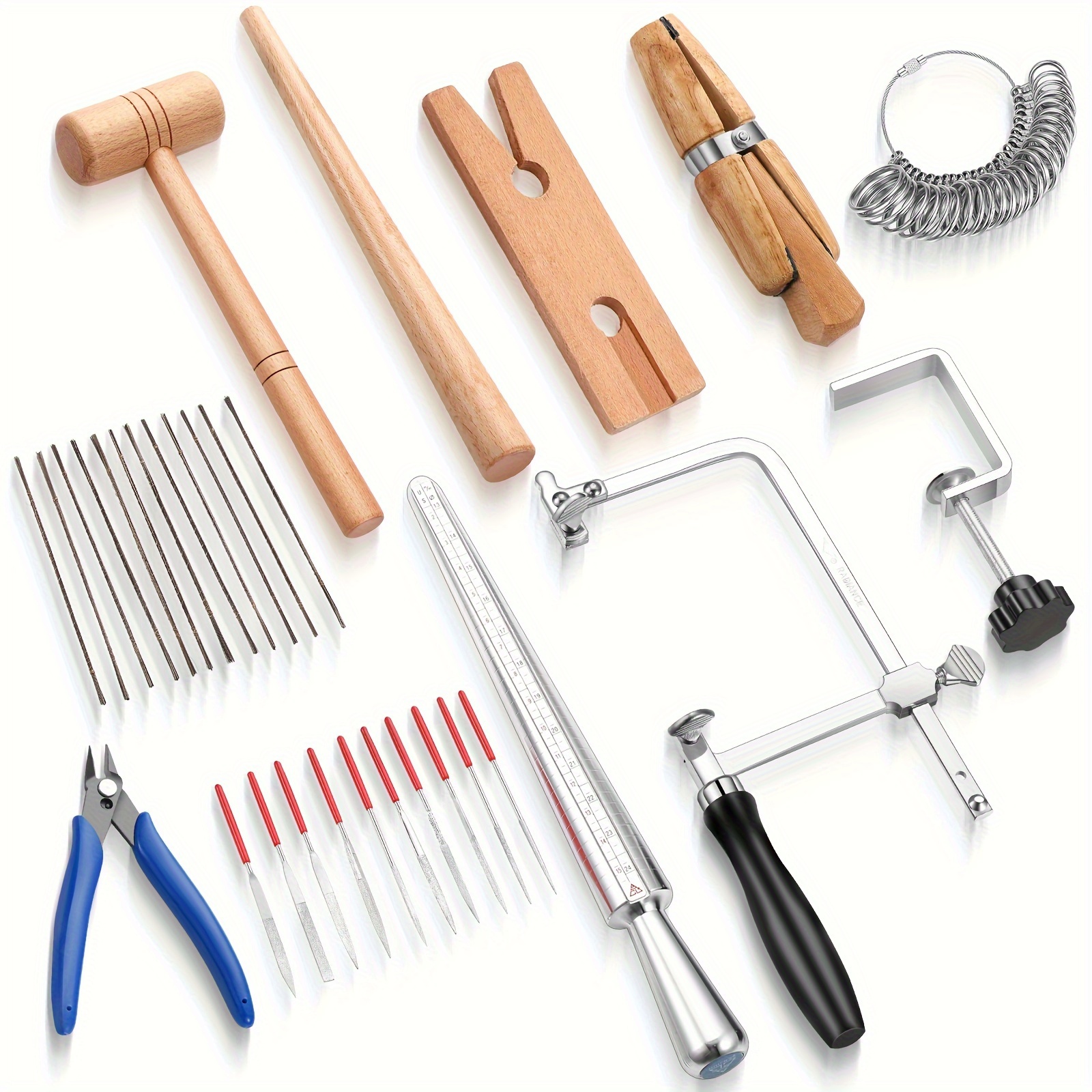 

Jewelers Tools Set Including Jeweler Saw Frame Bench Pin Clamp Diamond Needle File Wooden Ring Clamp And Ring Sizer Mandrel Measuring Tool Jeweler's Mallet Hammer Stick For Jewelry Making