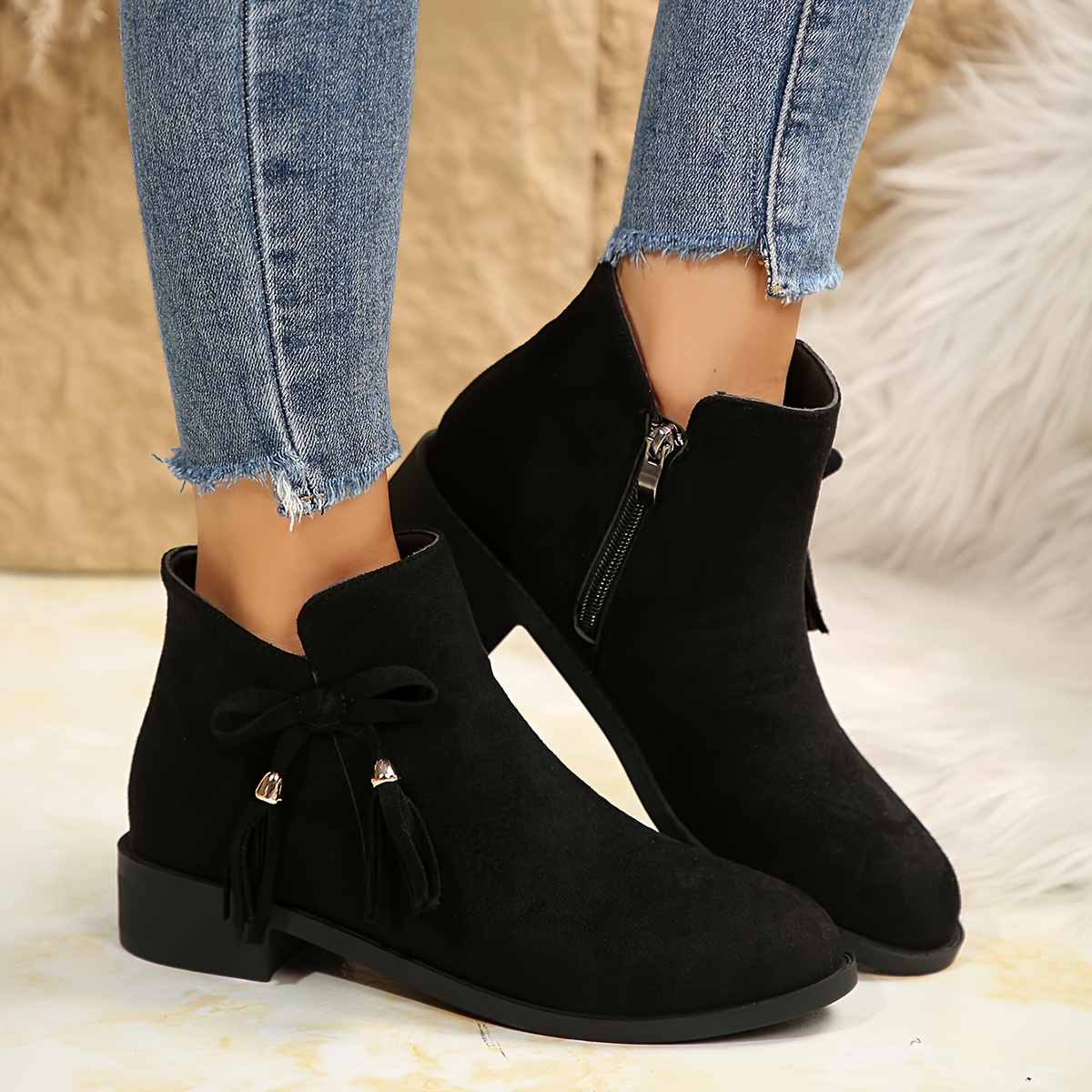 

Women's Casual Ankle Boots With Zipper Closure - Round Toe Mid Heel Platform Booties Solid Color, Fashion Footwear With , Fabric Upper/inner, European From Area