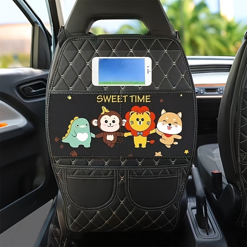 Image of Car Seat Back Kick Mat Storage Bag, Cute Dinosaur Bear Bunny Duck Cartoon Car Seat Protector