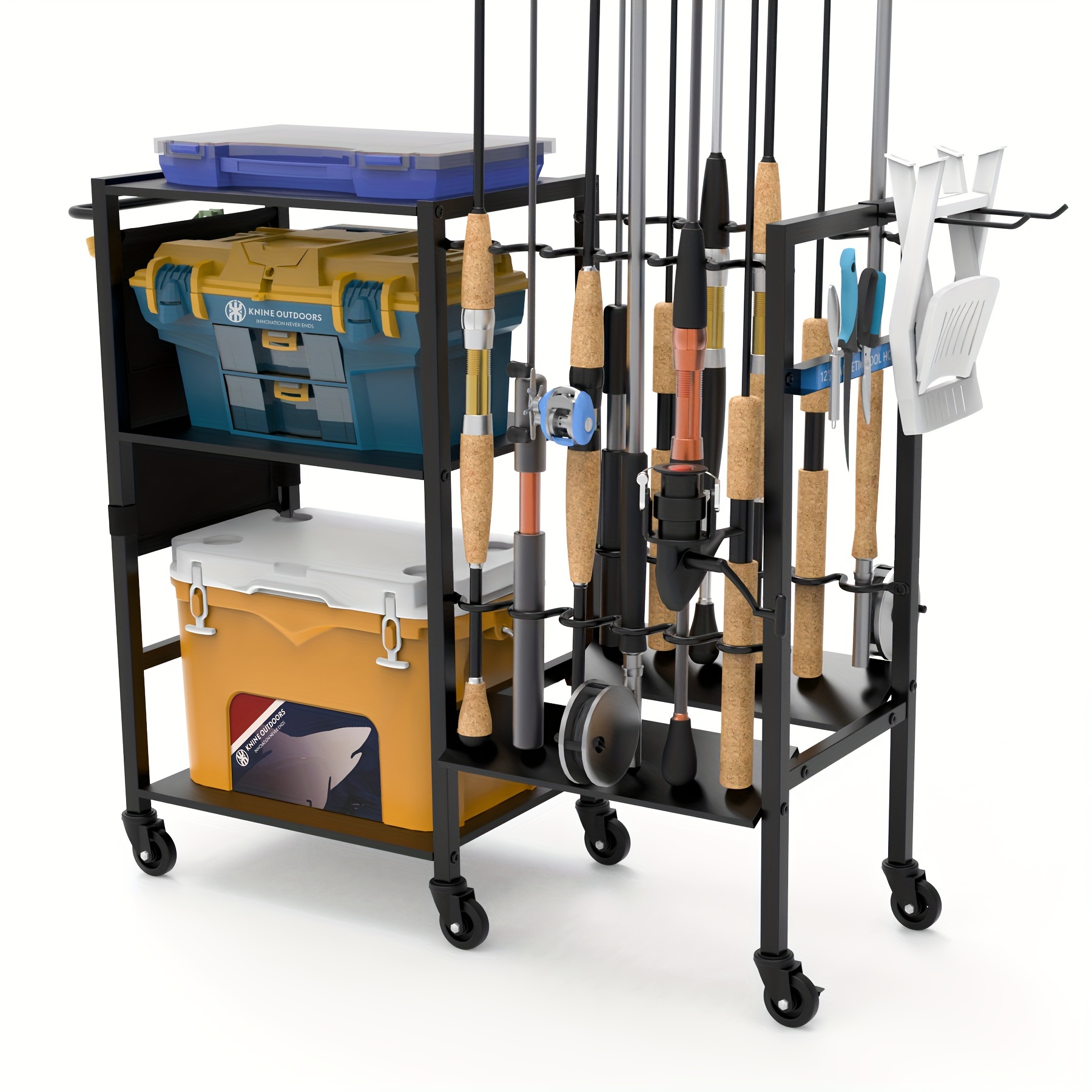 TEMU 3-tier Fishing Rod Holder Cart With 12 Slots - Iron, Black, Ideal For Garage Organization & Storage Of Fishing Gear