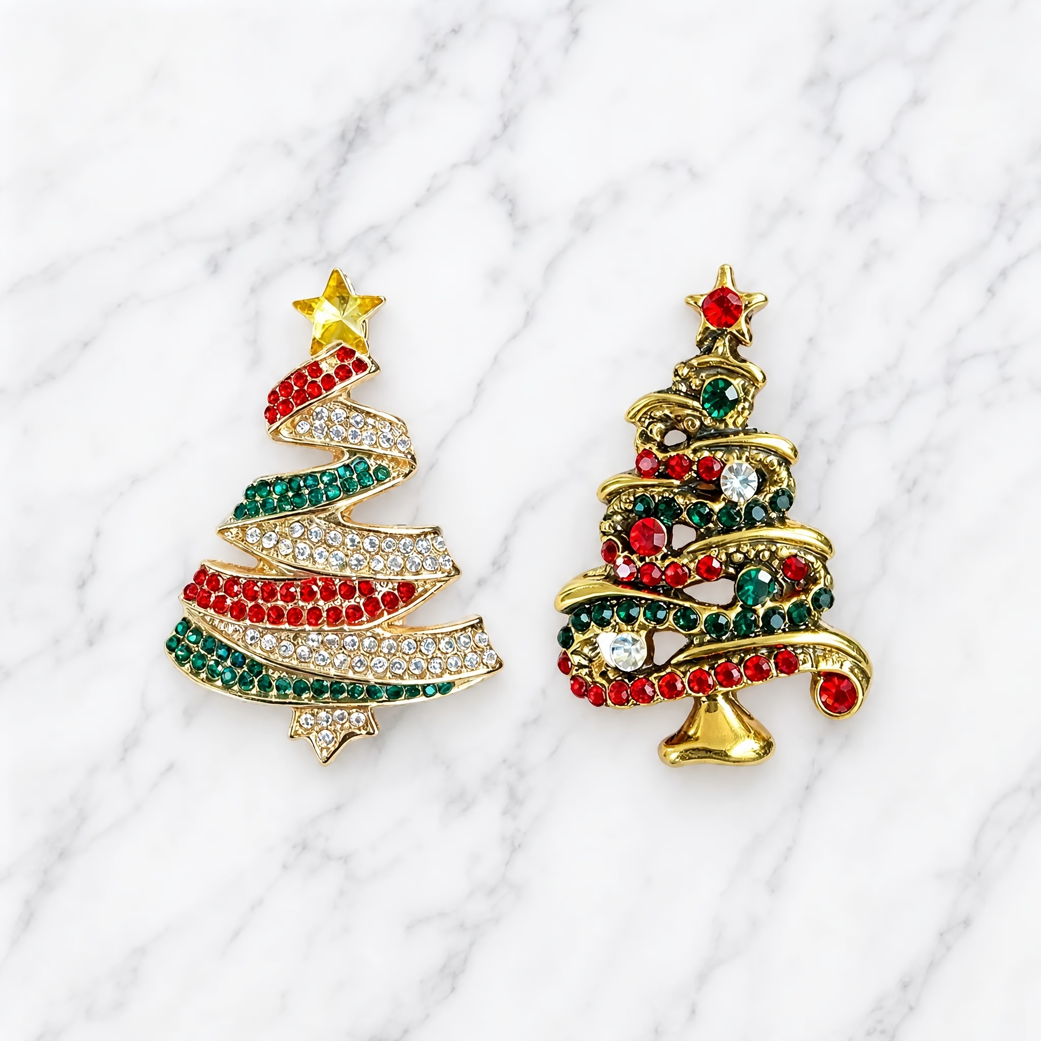 TEMU 2pcs Spiral Christmas Tree Shaped Brooches, Red Green Multicolor Rhinestone Star Embellished, Party Outfit Additions Gift For , Creative