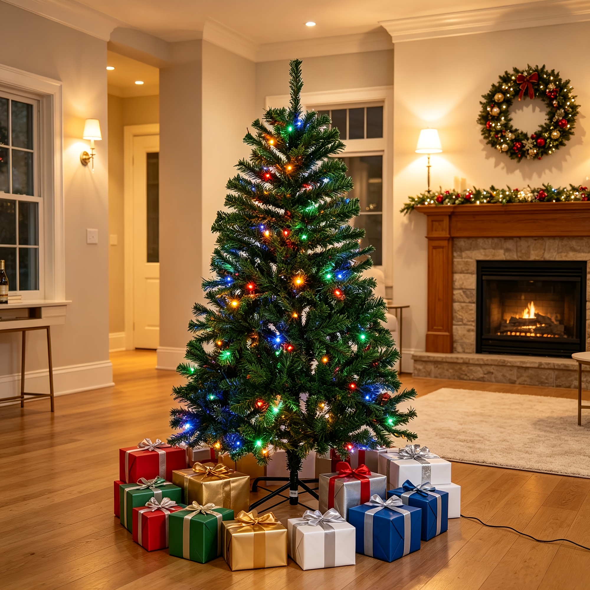 TEMU 4.5ft/6ft/7.7ft/9ft Pre-lit Artificial Christmas Tree With Lights Suitable For , Hinged With , 8 , Foldable Stand, Incandescent/colored , Pvc